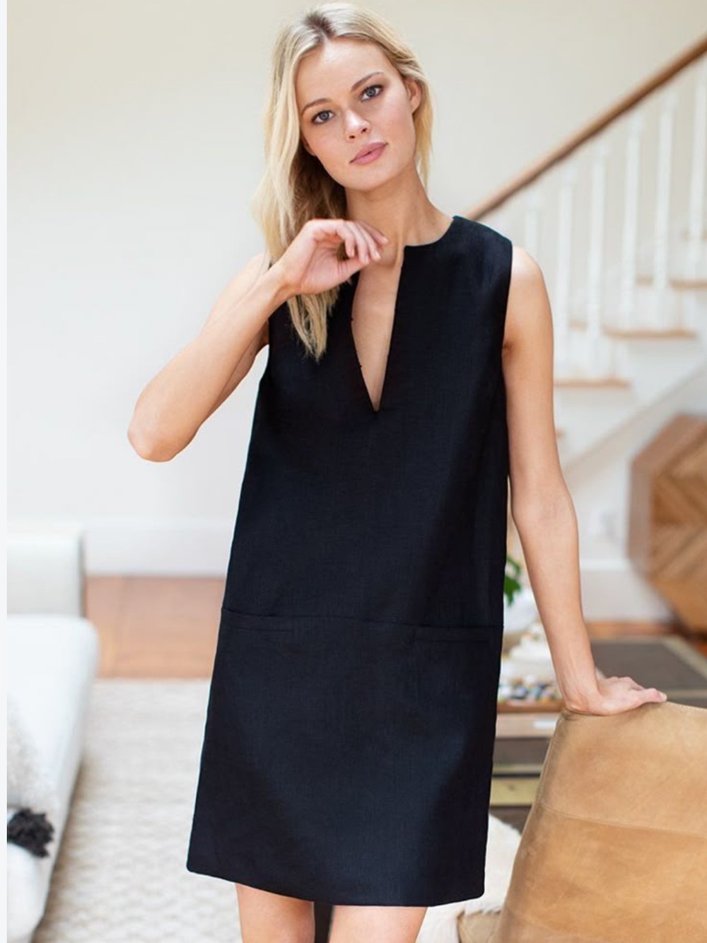 Emerson Fry Marcelle Black Sleeveless Mod Linen Shift Dress S